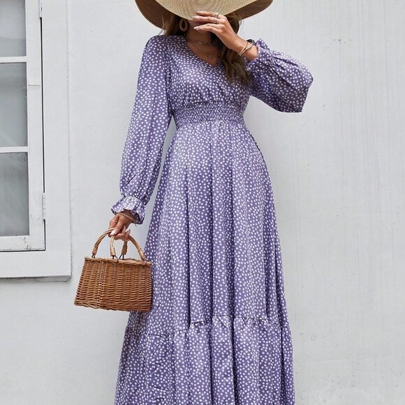 Purple Boho Womens Ditsy Floral Print Flounce Sleeve Shirred Dress - Picture 2 of 5